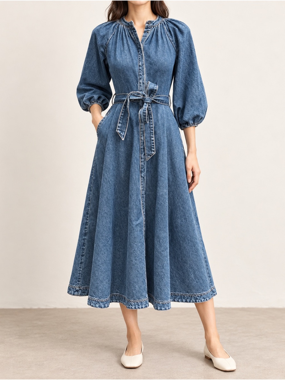 CO Denim Tie-Waist Midi Dress in Classic Blue